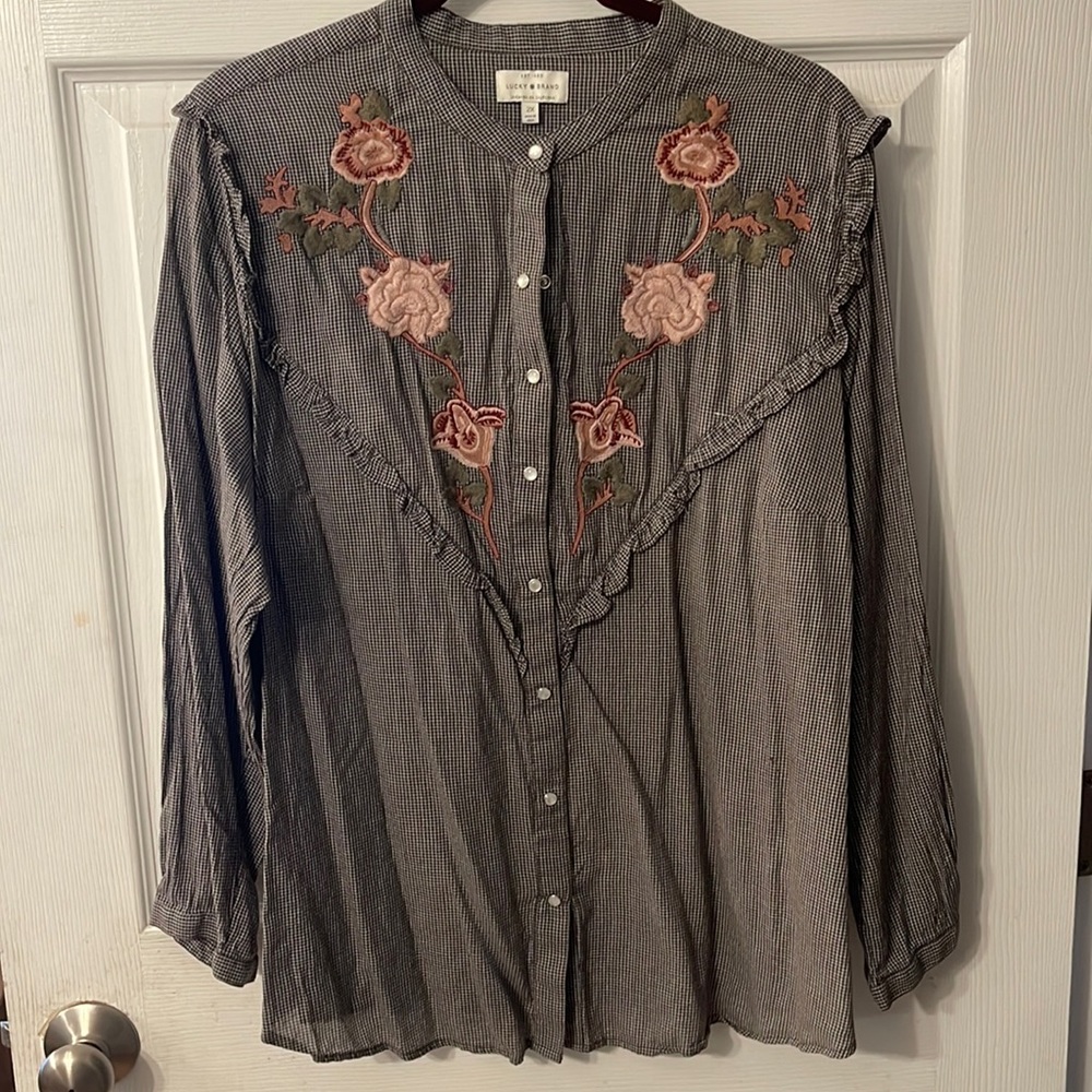 Lucky Brand Floral Embroidered Snap/Botton Down Blouse 2X